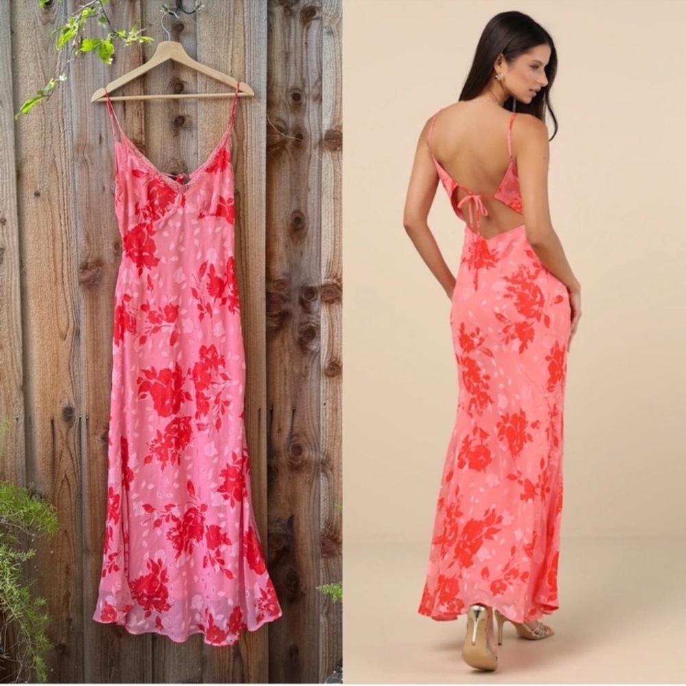Coral Pink Floral Burnout Backless Maxi Slip Dress 🌿